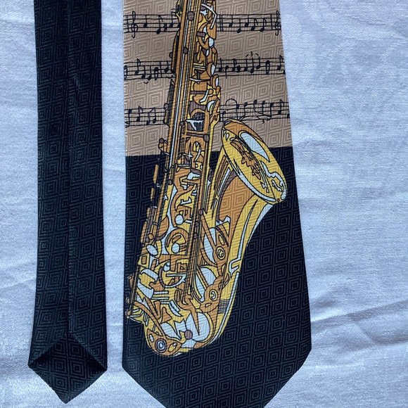 GOLD SAXOPHONE TIE Necktie Sax Music Notes Band Instrument -Keystone Hand Made - Picture 1 of 9